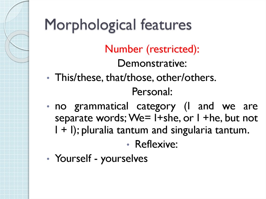Characteristic feature. Morphological features of the Noun. Morphological categories. Morphological classification of Words. Morphological categories of the Noun.