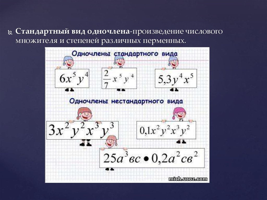 Стандартный вид произведения. Стандартный и нестандартный вид одночлена. Одночлены стандартного вида и нестандартного вида. Стандартный одночлен. Стандартный вид одночлена.