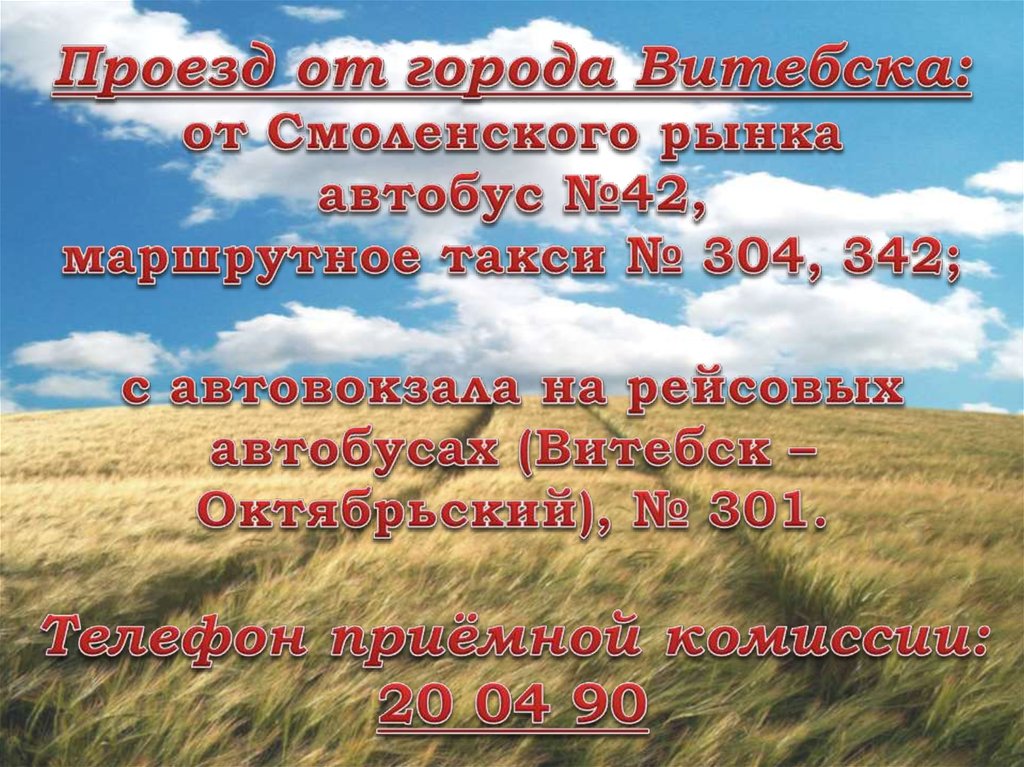 Проезд от города Витебска: от Смоленского рынка автобус №42, маршрутное такси № 304, 342; с автовокзала на рейсовых автобусах