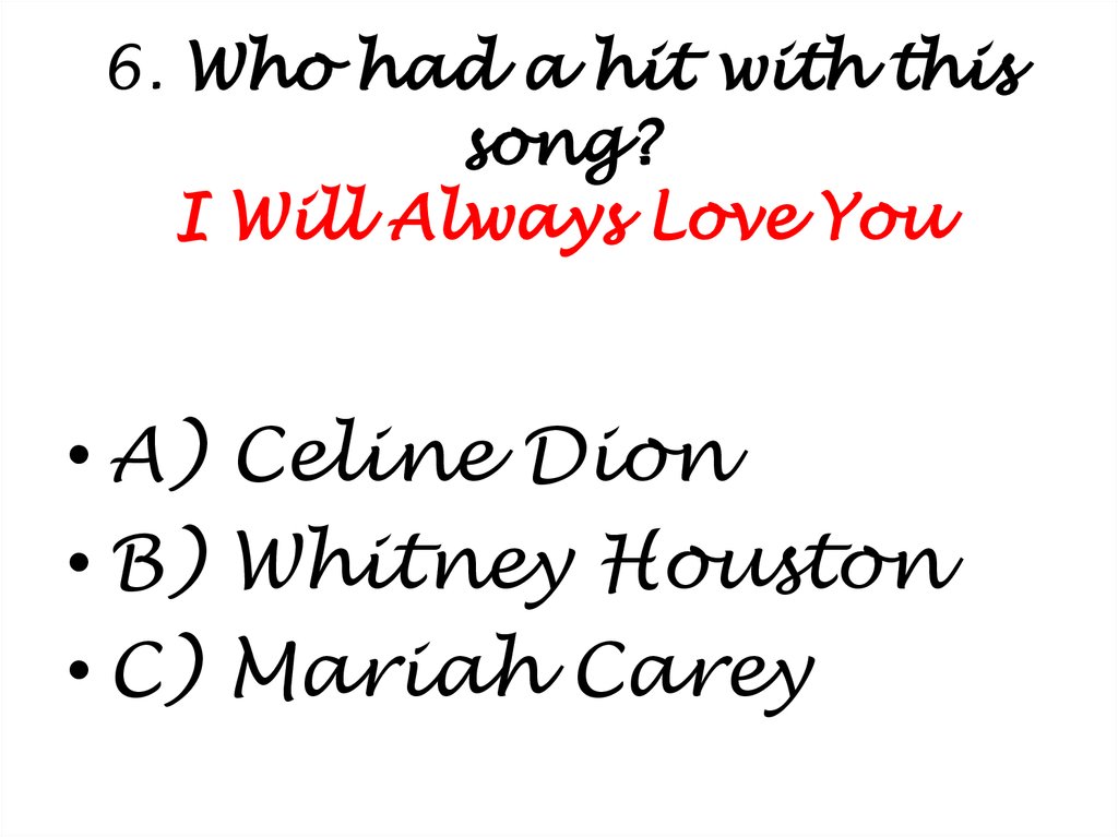 6. Who had a hit with this song? I Will Always Love You