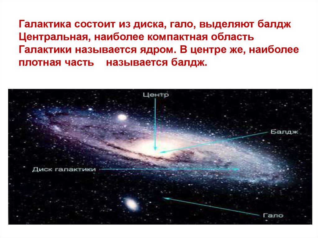 Галактика состоит из диска, гало, выделяют балдж Центральная, наиболее компактная область Галактики называется ядром. В центре