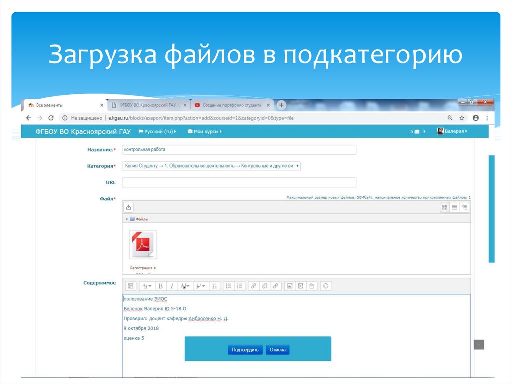 Загрузка файлов в подкатегорию