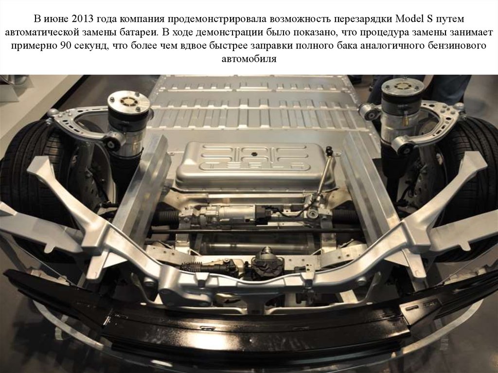В июне 2013 года компания продемонстрировала возможность перезарядки Model S путем автоматической замены батареи. В ходе