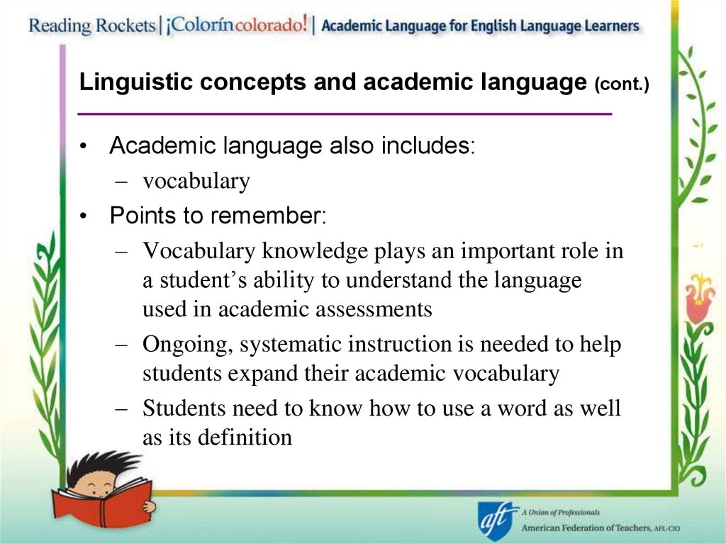 Linguistic concepts and academic language (cont.)