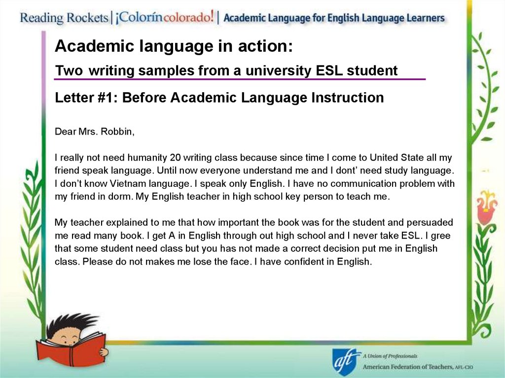 Academic language in action: Two writing samples from a university ESL student