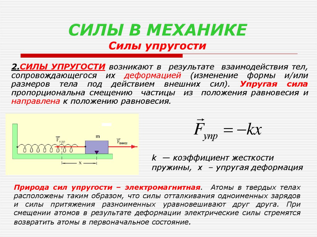 Сила возникающая в результате. Силы упругости понятие и формула. Сила упругости формула 9 класс. Силы взаимодействия в механике. Силы в механике сила упругости.