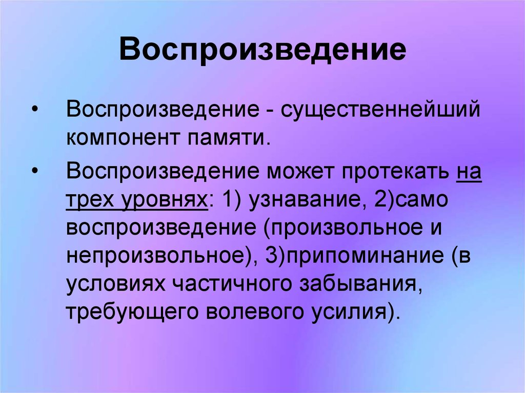 Воспроизведение информации. Воспроизведение это в психологии. Компоненты памяти. Воспроизведение и узнавание в памяти. Произвольное воспроизведение.