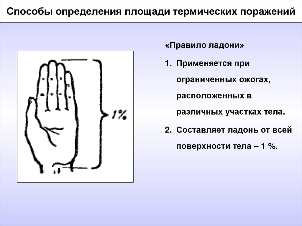 Метод поражения. Способы определения площади поражения. Правило ладони. Способы определения площади поражения при термических поражениях. Ладонный метод определения площади ожога.