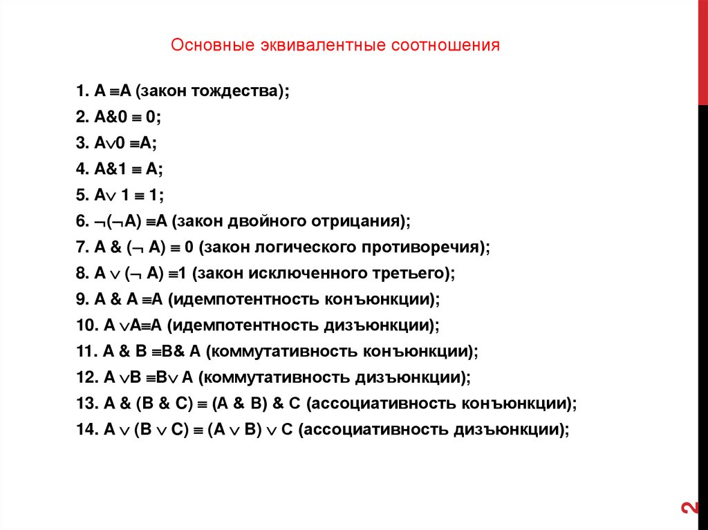 Основные равносильности. Основные равносильности алгебры логики. Схемы равносильности. Основные равносильности логики высказываний.