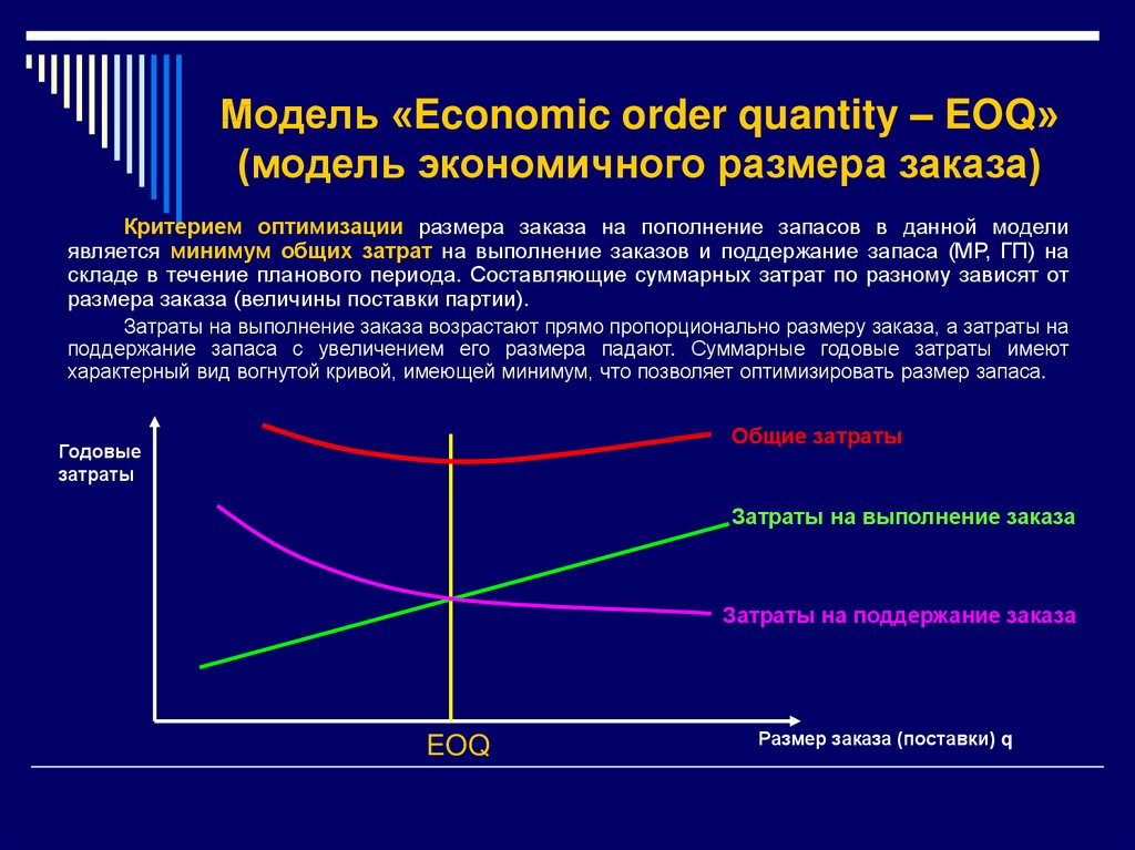 Оптимальная модель это. Модель оптимального управления запасами EOQ. Модель EOQ модель Уилсона. EOQ модель управления запасами. Модель EOQ – economic order Quantity.