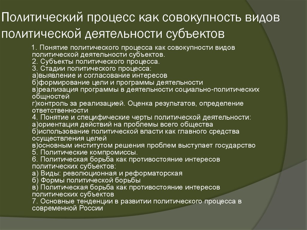 Субъекты политического процесса план по обществознанию