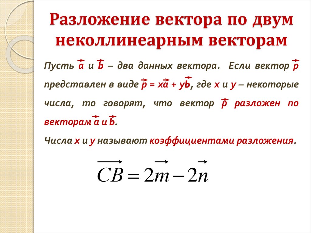 Разложение вектора по двум неколлинеарным векторам презентация