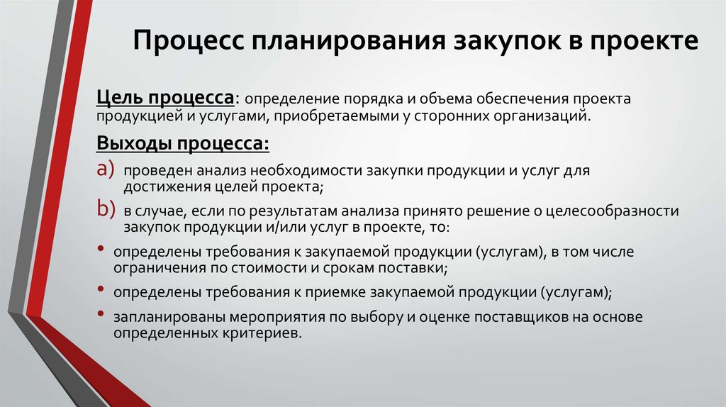 Определение целей процессов. Процесс планирования закупок. Этапы планирования закупочной деятельности. Выходами процесса организации исполнения проекта. Процедура планирования закупок.