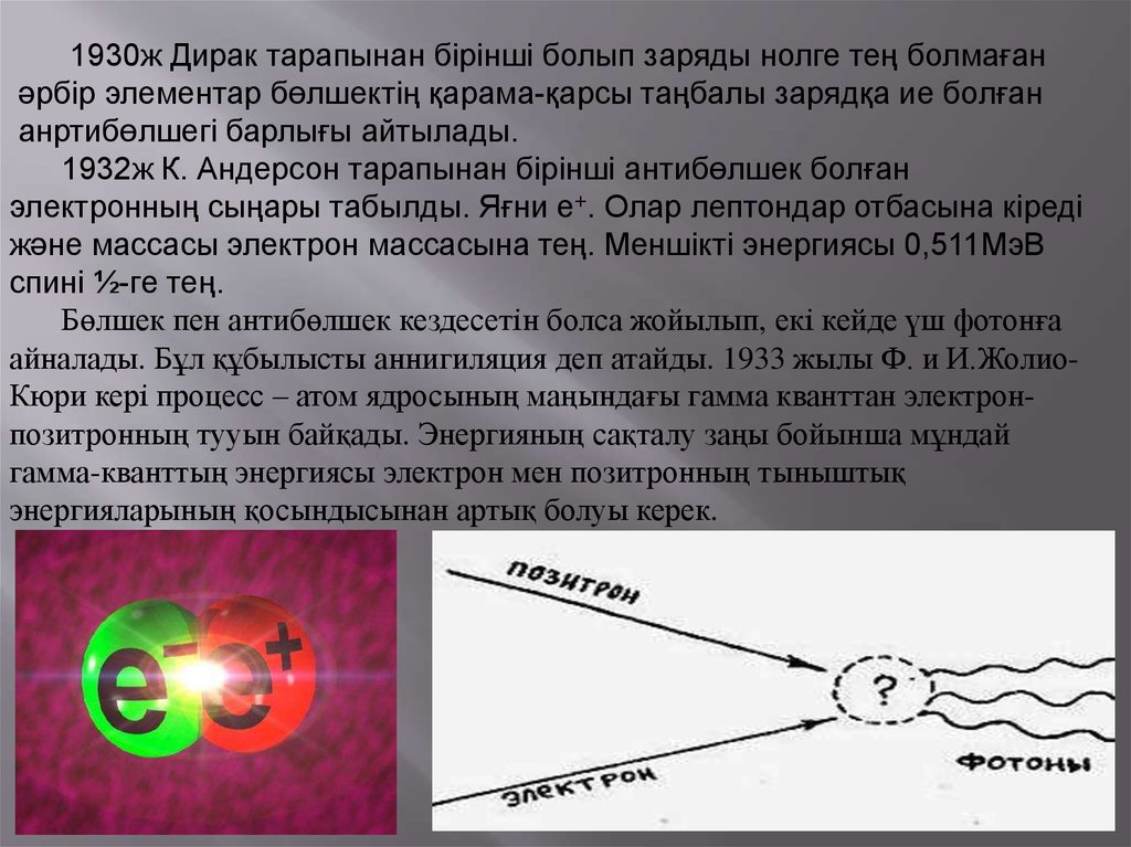 Процессы атомов. Адрондар лептондар. Модель атома Жолио-Кюри. Дирак поведение электронов в атомах. Нейтроның антибөлшегі.