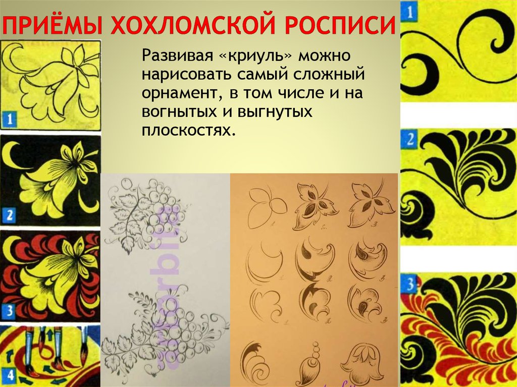 Осваиваем приемы росписи. Хохломская роспись этапы росписи. Хохломская роспись криуль. Хохлома Кудрина этапы росписи. Выполнение элемента хохломской росписи.