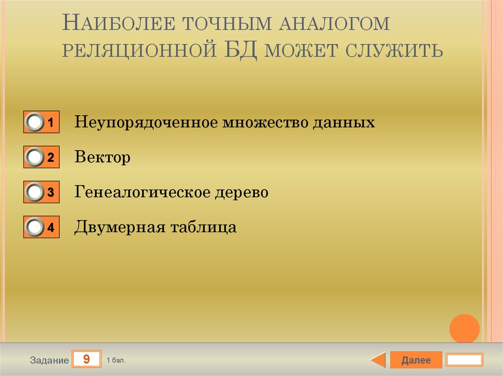 Более точнее. Наиболее точный аналог реляционной БД:. Точный аналог реляционной базы данных. Аналог реляционной базы данных может служить. Наиболее точным аналогом реляционной БД может служить.