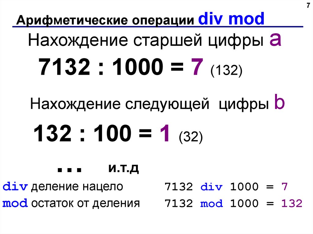 Операции div и mod. Арифметические операции 100-11. Как работает a div 1000.