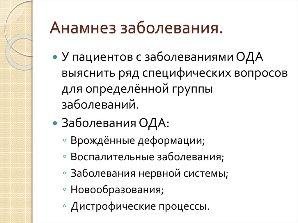 Анамнез заболевания больного