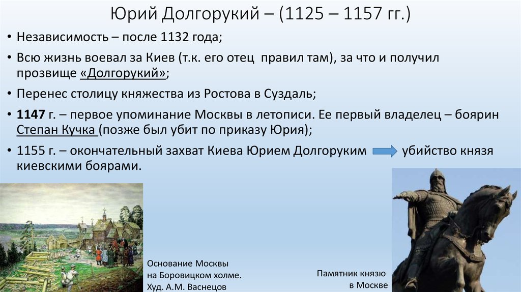 Какие города основал князь долгорукий. Захват Киева Юрием Долгоруким. Походы Юрия Долгорукого на Киев.