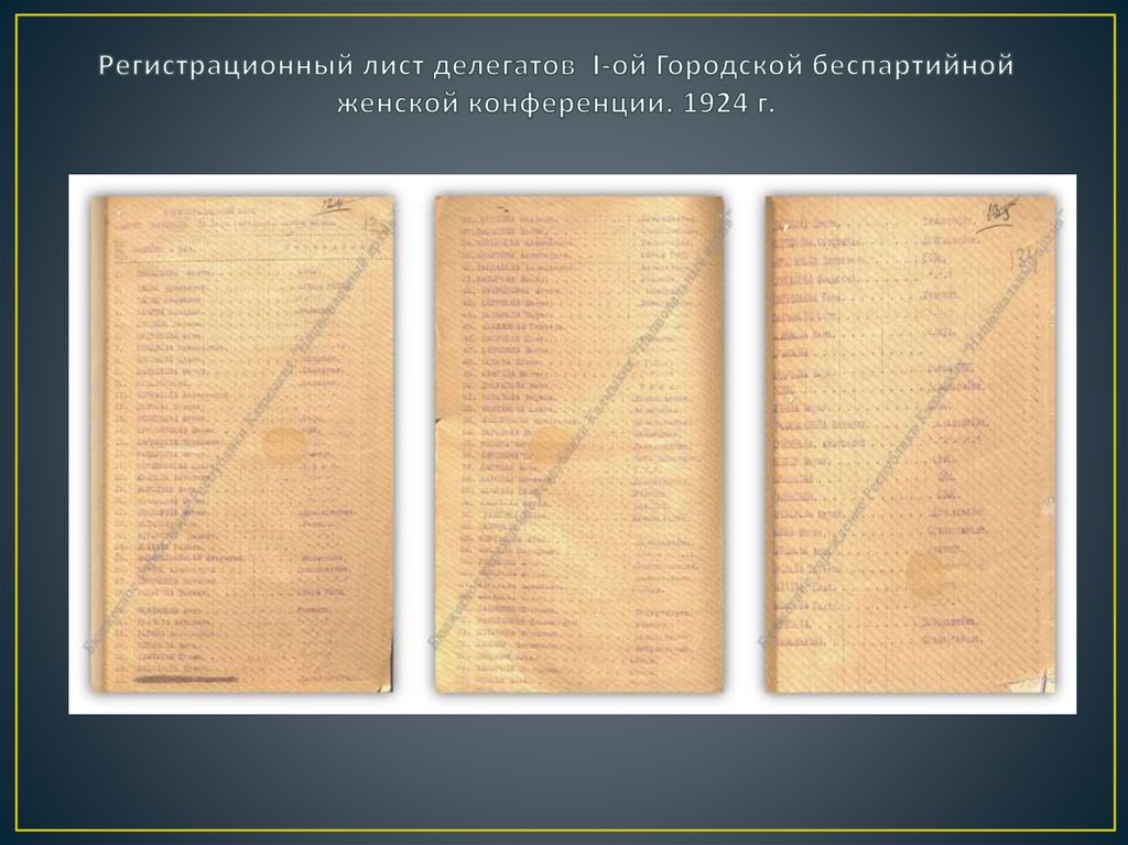 Регистрационный лист делегатов I-ой Городской беспартийной женской конференции. 1924 г.