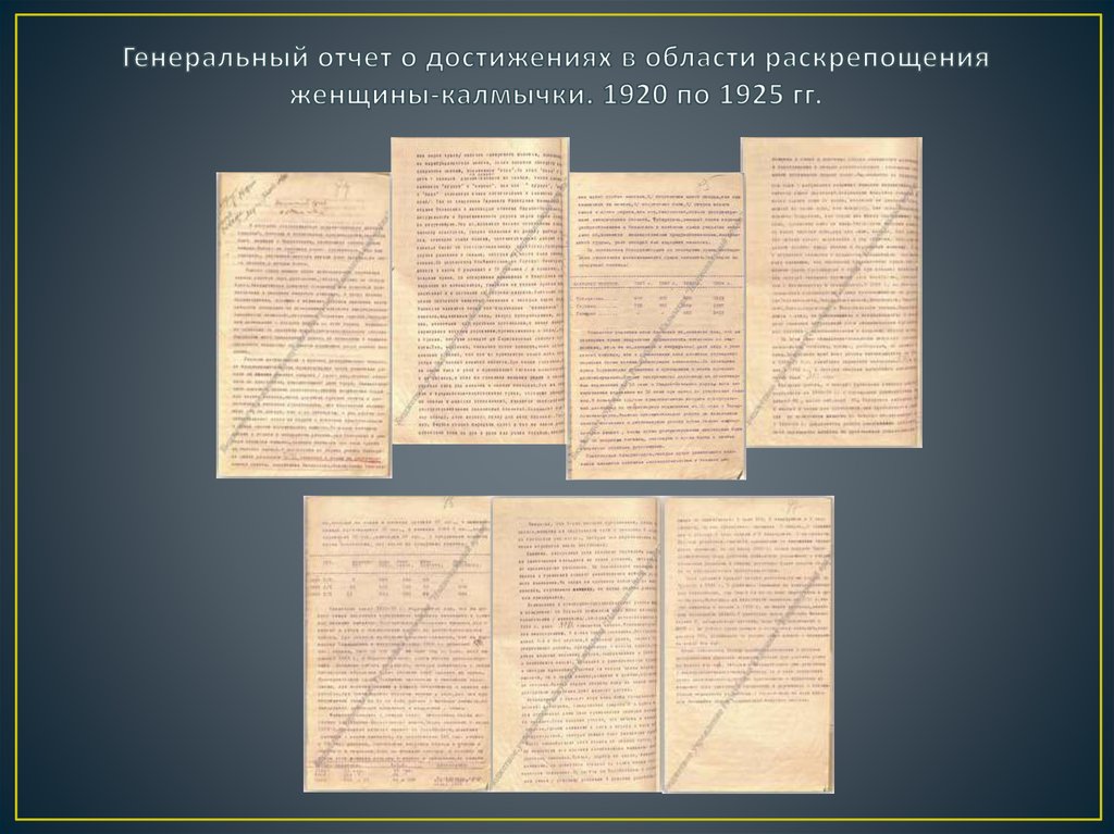 Генеральный отчет о достижениях в области раскрепощения женщины-калмычки. 1920 по 1925 гг.
