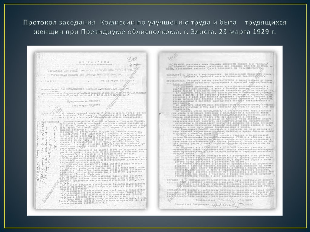 Протокол заседания Комиссии по улучшению труда и быта трудящихся женщин при Президиуме облисполкома. г. Элиста. 23 марта 1929