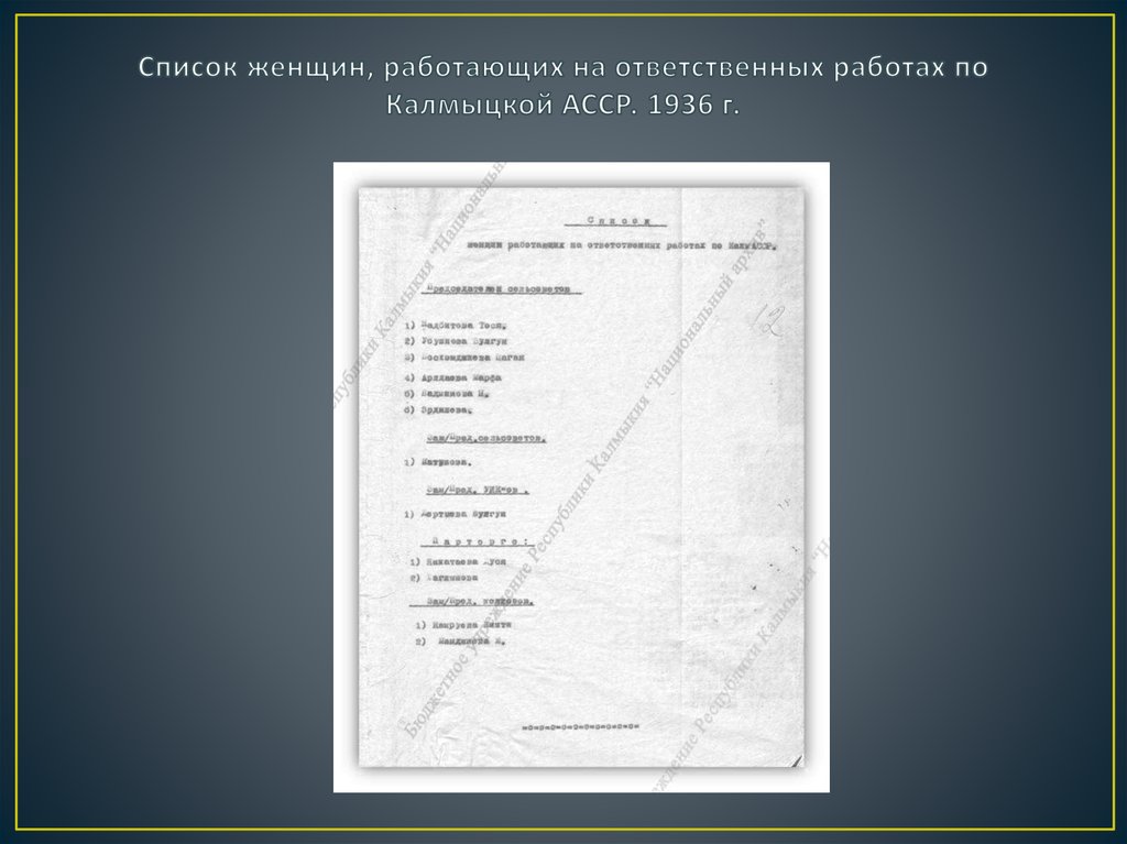 Список женщин, работающих на ответственных работах по Калмыцкой АССР. 1936 г.