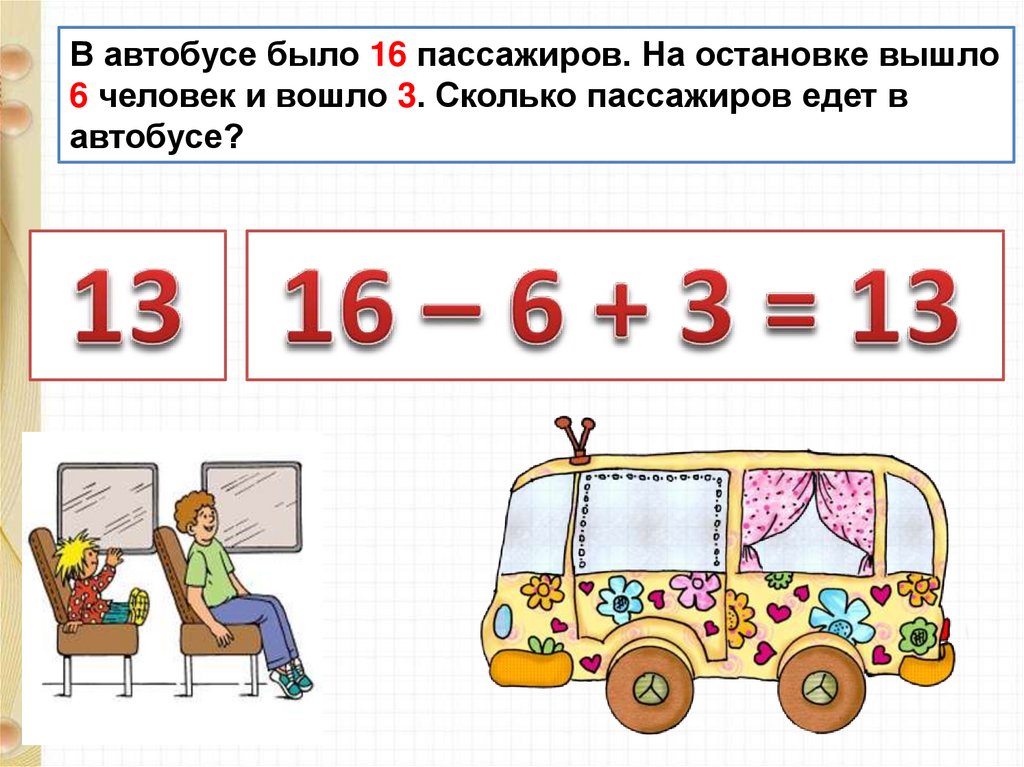 Автобус ехал 3. Случаи сложения вида +8 +9. Сколько человек осталось в автобусе. В автобусе ехало 16 пассажиров. Задача 2 класс в автобусе ехали пассажиры схема.