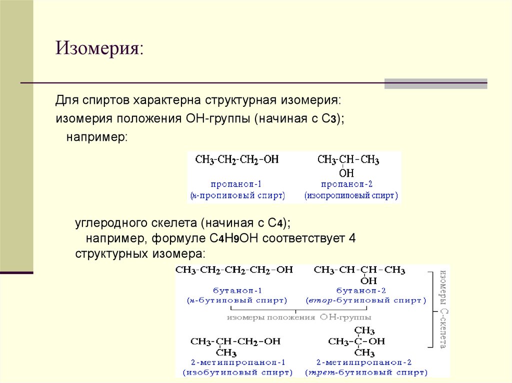 Тип изомерии структурная. Изомерия положения гидроксильной группы в спиртах. Изомерия характерная для спиртов. Типы изомерии спиртов. Изомерия и номенклатура спиртов.