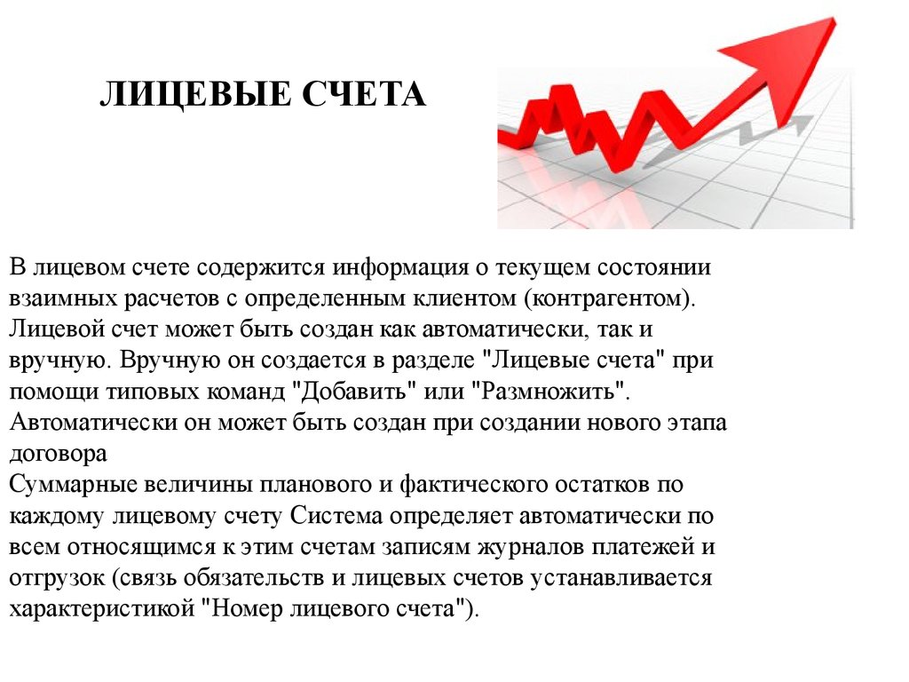 ЛИЦЕВЫЕ СЧЕТА В лицевом счете содержится информация о текущем состоянии взаимных расчетов с определенным клиентом