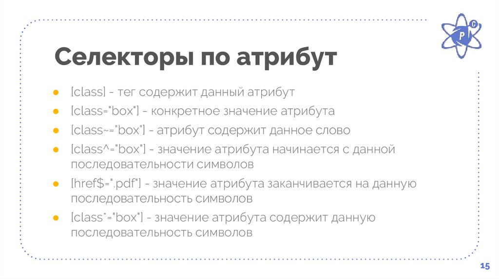 Селекторы атрибутов. Операторы селекторов атрибутов и их функции.