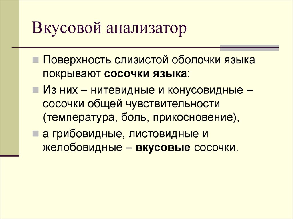 Какого значение анализаторов. Вкусовой анализатор. Общая чувствительность слизистой оболочки языка.