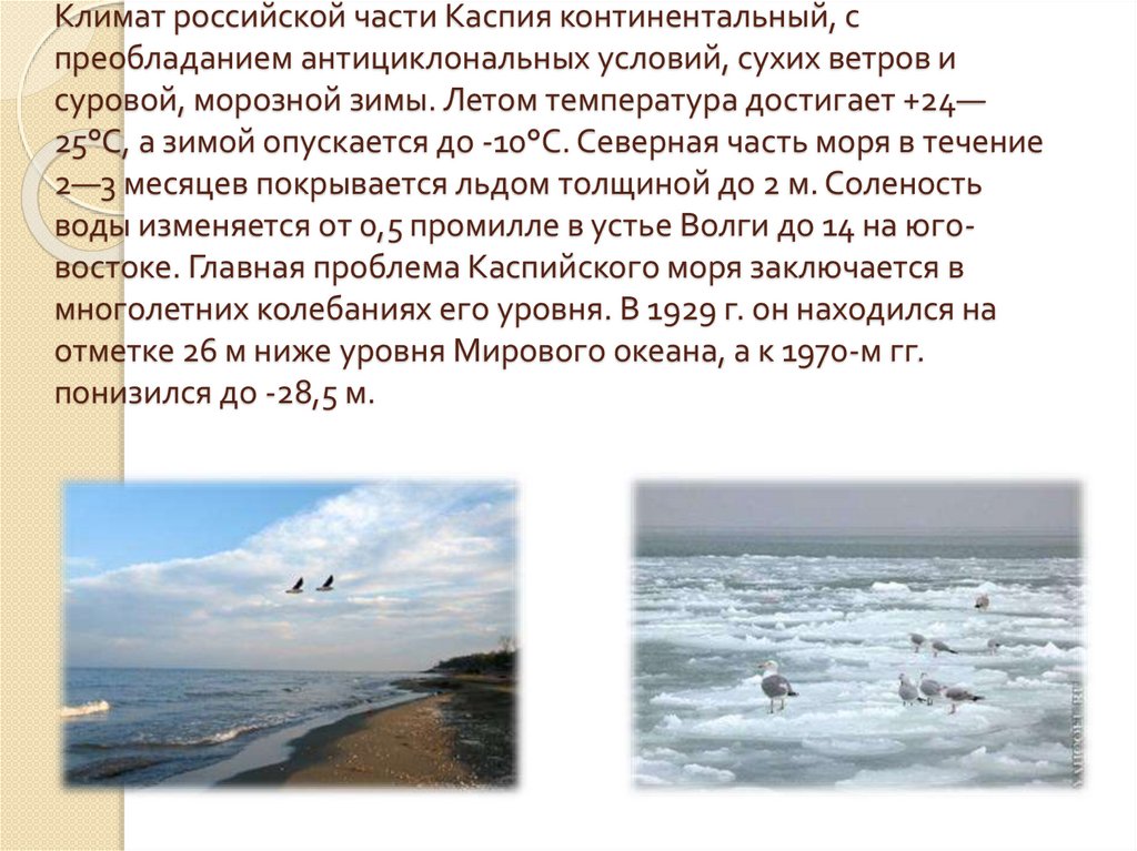 Климат российской части Каспия континентальный, с преобладанием антициклональных условий, сухих ветров и суровой, морозной