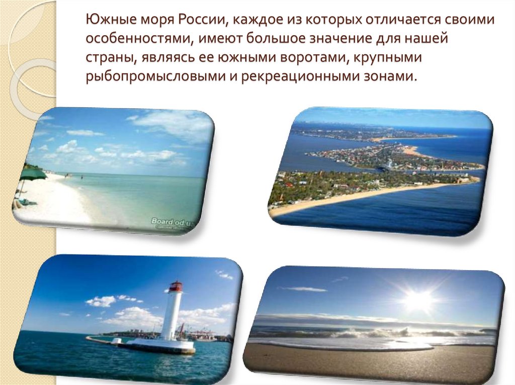 Южные моря России, каждое из которых отличается своими особенностями, имеют большое значение для нашей страны, являясь ее
