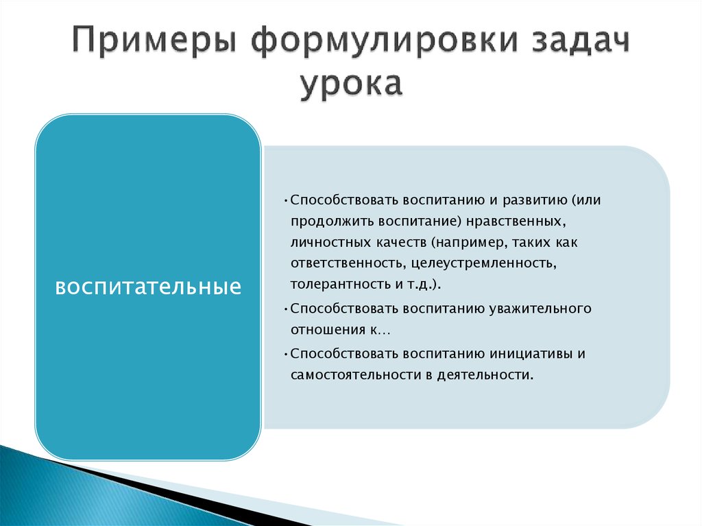 Примеры сформулированных проблем. Примеры формулировок воспитательных задач. Развивающие задачи примеры формулировки. Примеры формулировок воспитательных задач урока. Формулировка задач урока.