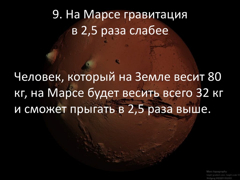 9. На Марсе гравитация в 2,5 раза слабее