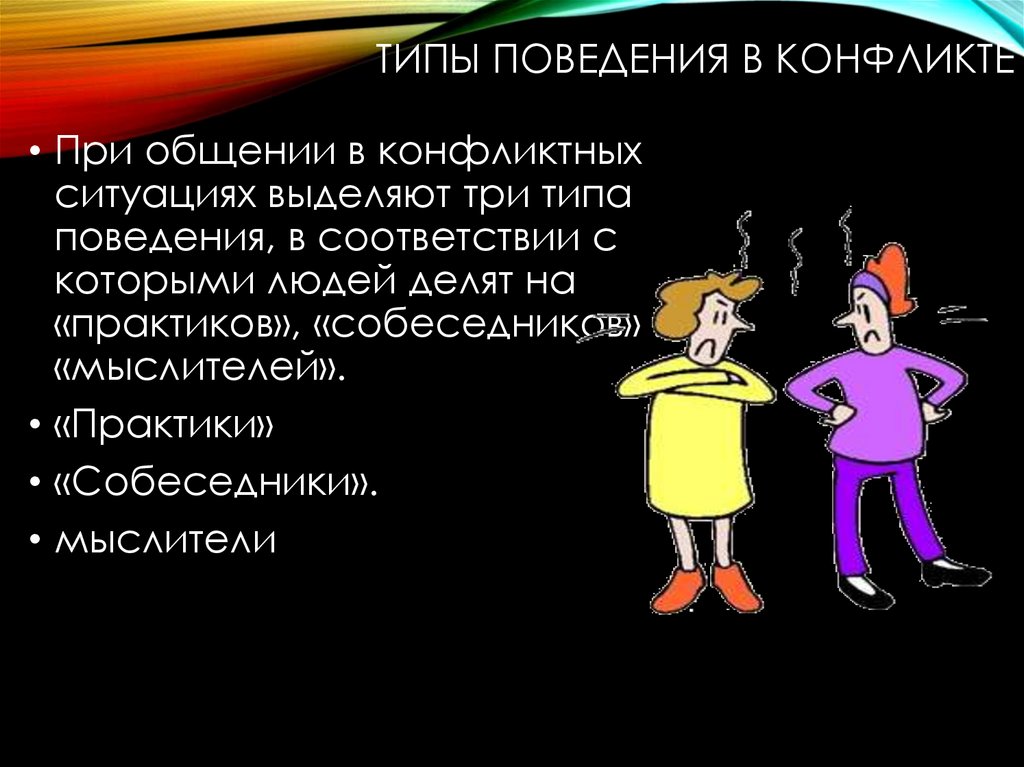 Типы поведения. Типы поведения в конфликте. Типыповедение в конфликте. Поведение людей в конфликтных ситуациях. Типы поведения в конфликтной ситуации.