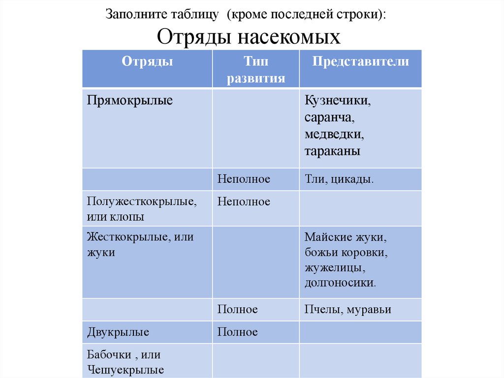 Таблица отряд представитель биология 8 класс