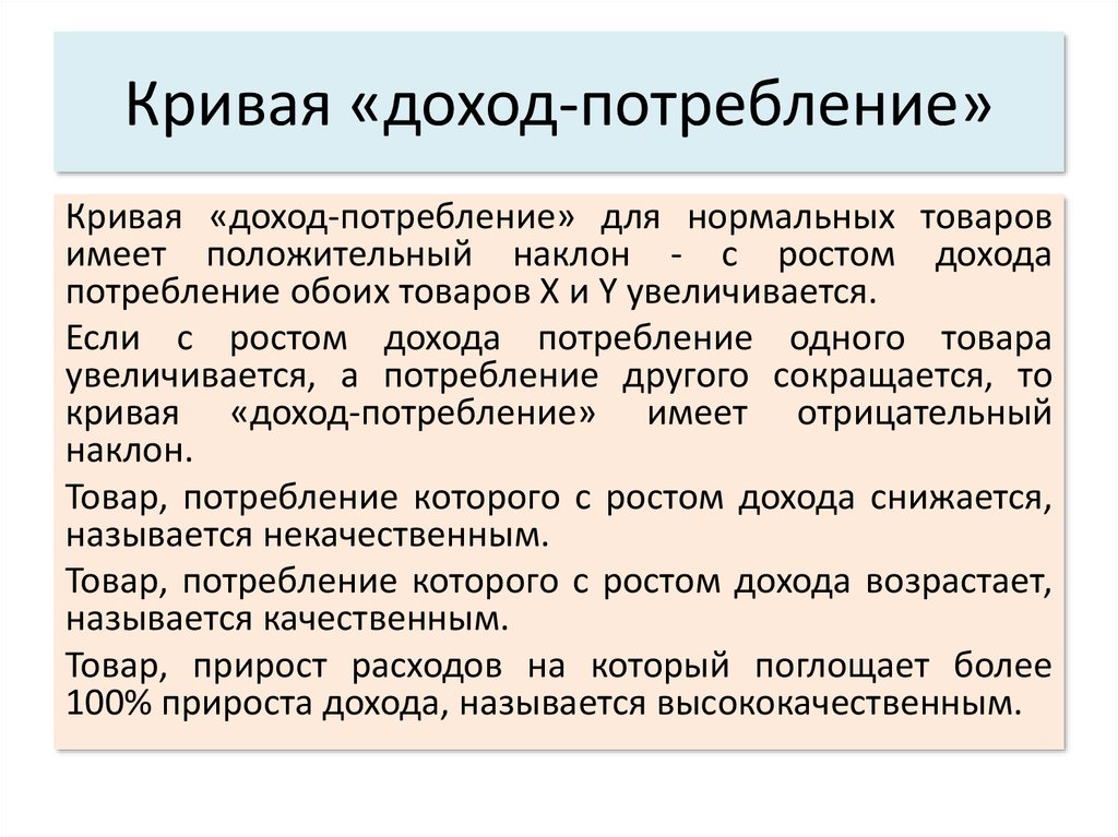 Доход потребность. Кривая доход потребление для нормальных товаров имеет. Если кривая доход-потребление имеет положительный наклон то. Если кривая «доход-потребление» имеет отрицательный наклон, то:. Наклон Кривой доход потребления отрицательный.