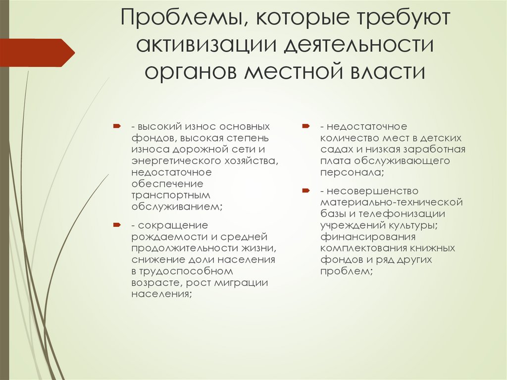 Проблемы, которые требуют активизации деятельности органов местной власти