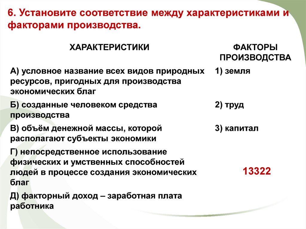 Условное название всех видов природных ресурсов пригодных. Характеристика факторов производства. Установите соответствие между факторами производства и. Соответствие факторов производства. Установите соответствие факторы производства.