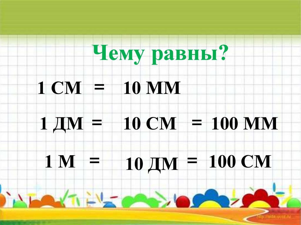 1м 10дм. 1 См = 10 мм 1 дм = 10 см = 100 мм. 10дм=100см. 1 М = 10 дм, 1дм= 10 см, 1 м= 100 см.