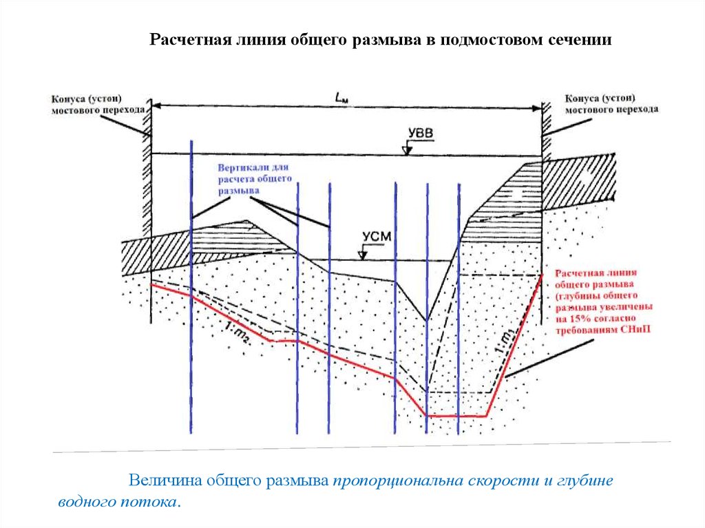 Увеличение согласно. Линия общего размыва в Мостах. Глубина общего размыва. Глубина местного размыва. Общий размыв под мостом.