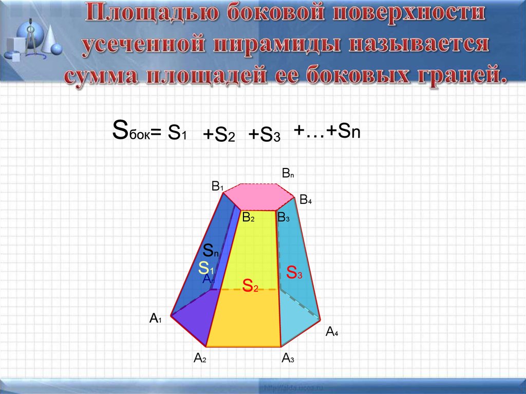 Как найти боковую площадь усеченной пирамиды. Площадь боковой поверхности правильной усеченной пирамиды. Усеченная пирамида боковые ребра. Площадьбоковой поверхностиусечённойпирамиды.. Площадь боковой усеченной пирамиды.