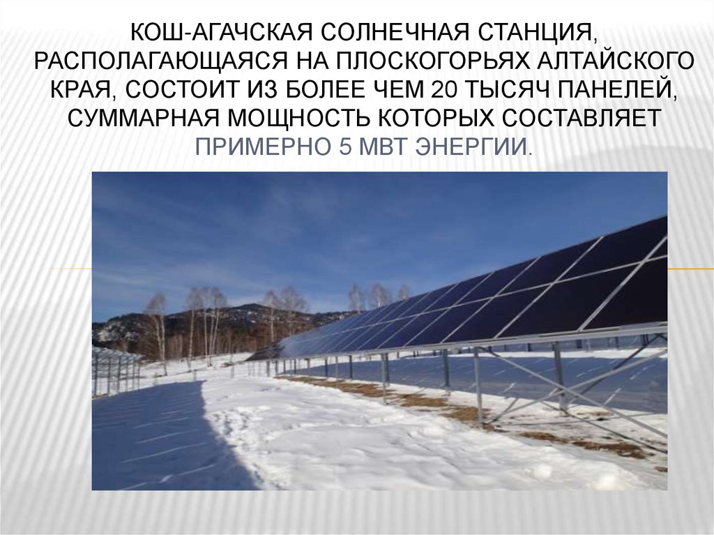 Кош-Агачская солнечная станция, располагающаяся на плоскогорьях Алтайского края, состоит из более чем 20 тысяч панелей,