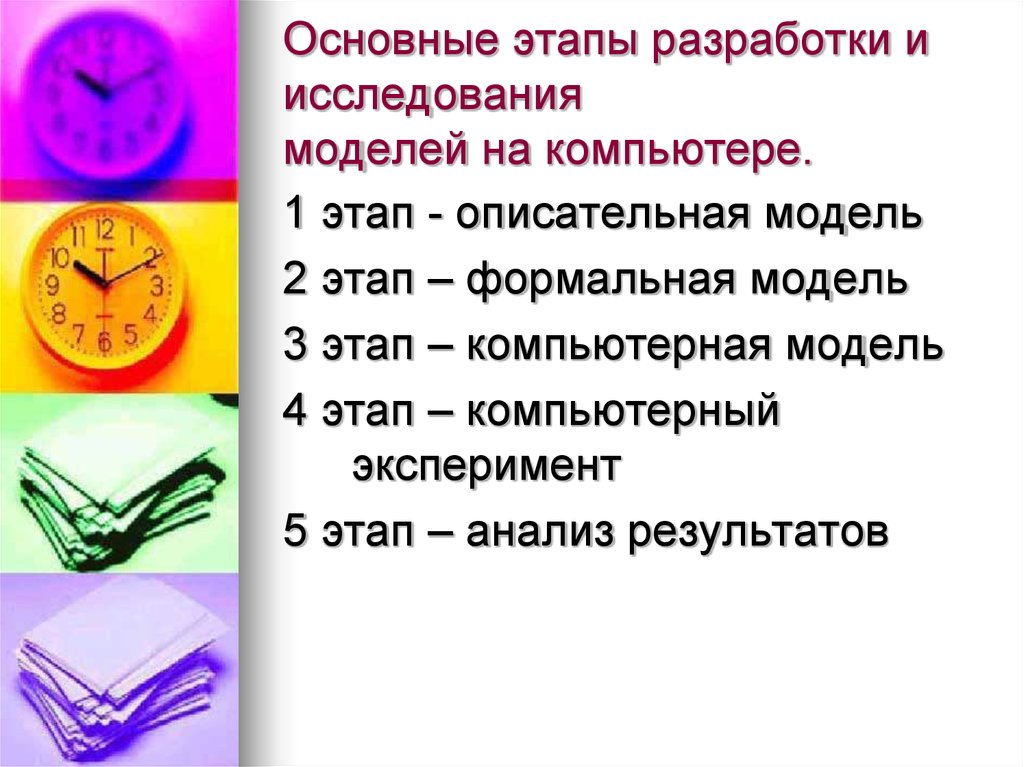 Укажите в правильном порядке основные этапы разработки и исследования моделей на компьютере