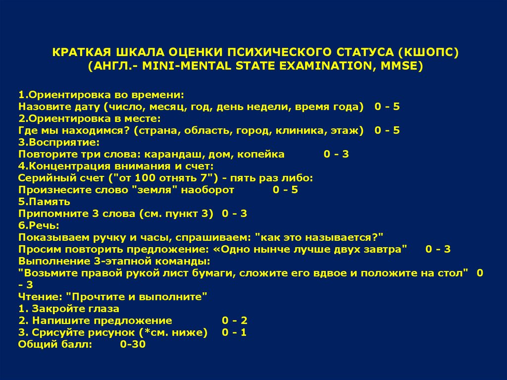 Краткая шкала психического статуса. КШОПС краткая шкала оценки психического статуса. Психического статуса (Mini-Mental State examination, MMSE. Краткая шкала психического статуса MMSE. Шкала деменции MMSE.