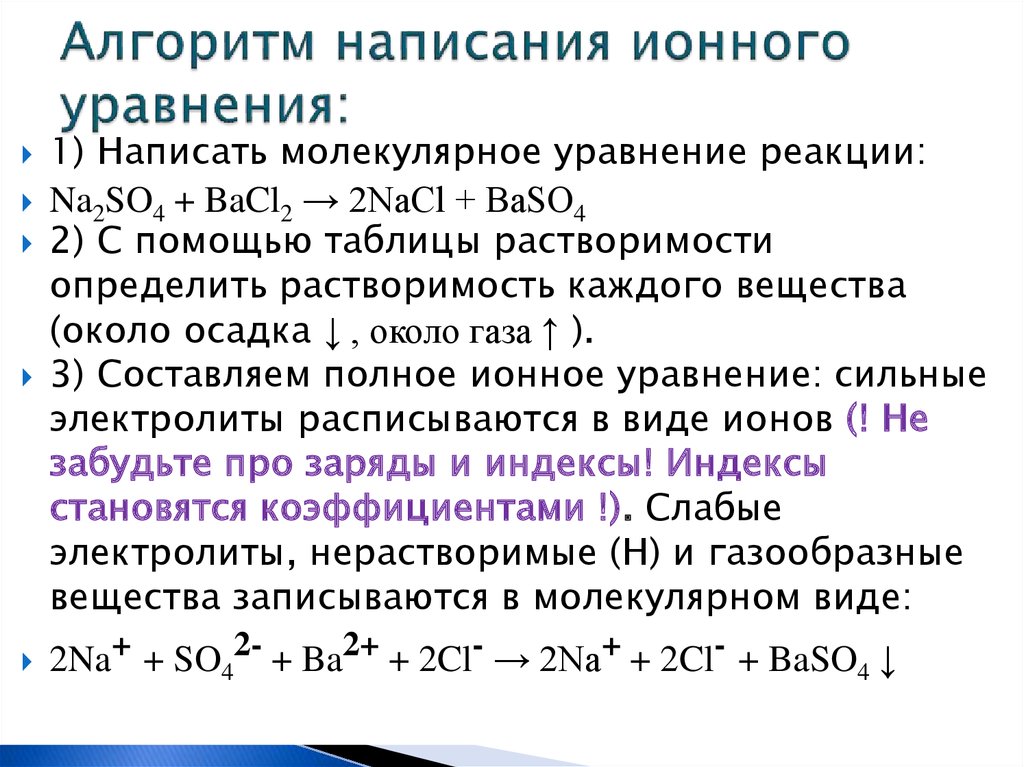 Решить уравнение ионного обмена. Как записать ионное уравнение реакции. Алгоритм решения ионных уравнений по химии. Как составлять ионные и молекулярные. Ионные уравнения реакций кратко.