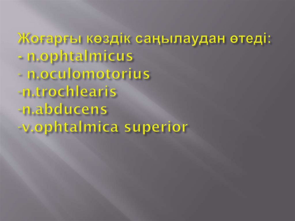 Жоғарғы көздік саңылаудан өтеді: - n.ophtalmicus - n.oculomotorius -n.trochlearis -n.abducens -v.ophtalmica superior