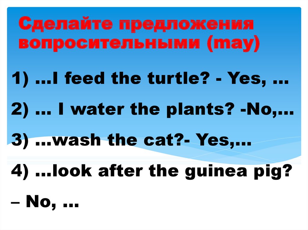 1) …I feed the turtle? - Yes, … 2) … I water the plants? -No,… 3) …wash the cat?- Yes,… 4) …look after the guinea pig? – No, …